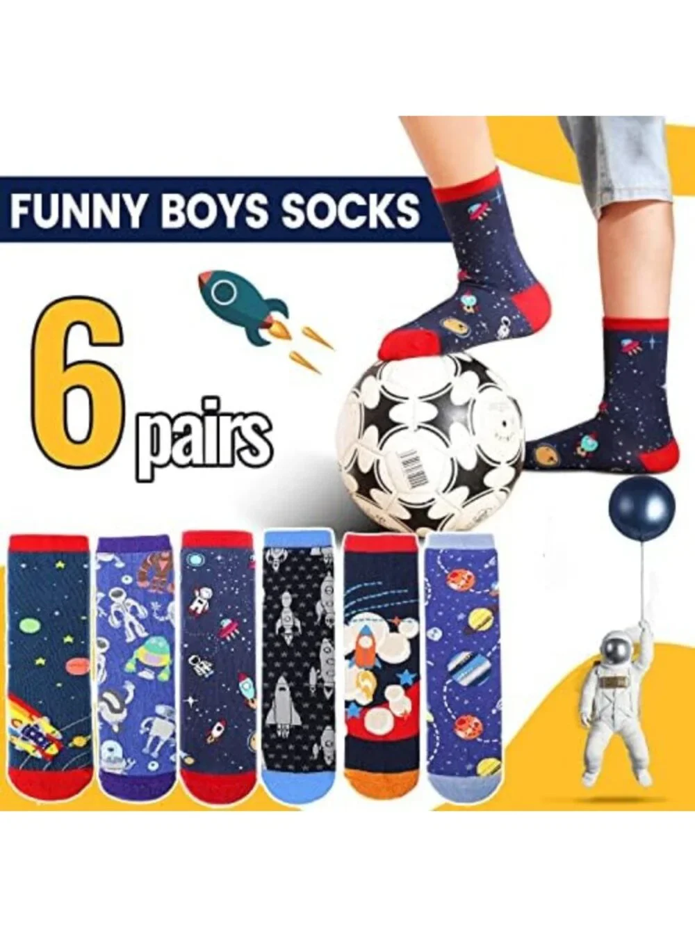 6 Pairs Fun Crazy Novelty Crew Socks for Boys - Colorful Cotton Kids' Socks